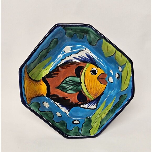 Mexican Talavera Pottery Octagon 7 Inch Bowls Dish Fish Motif Signed R Venegas - Picture 2 of 7
